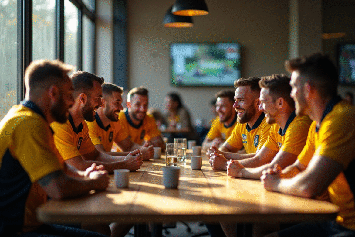 Supporters de rugby passionnes dans un club moderne