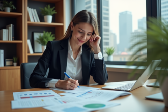 Femme d'affaires examinant des documents financiers dans un bureau moderne