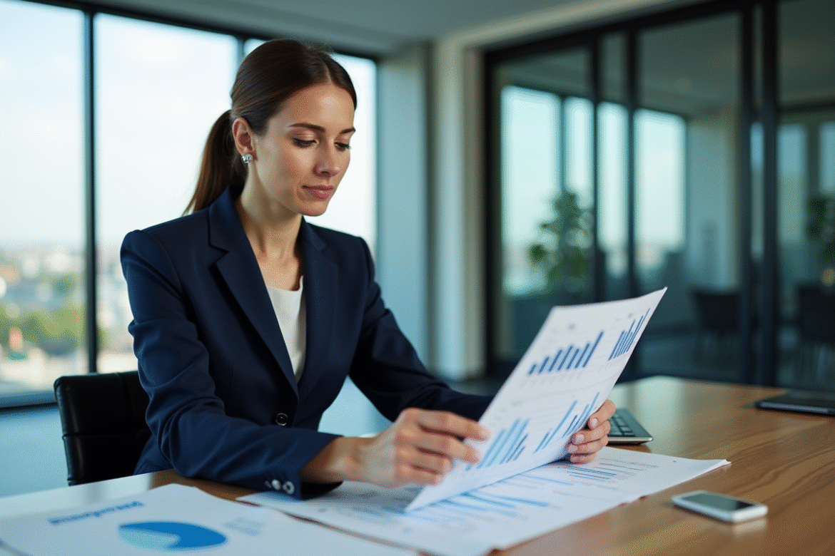 Femme d'affaires en costume regardant des documents financiers