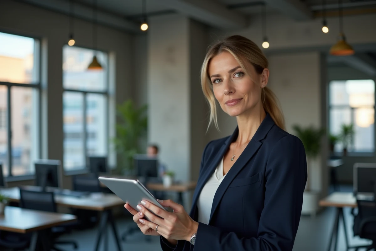 Femme professionnelle analysant un site web sur une tablette dans un espace de coworking, symbolisant l'évaluation de la fiabilité de Tarbob