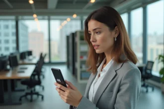 Femme regardant un appel entrant avec l'indicatif +44 sur son smartphone dans un bureau moderne