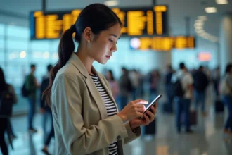 Femme consultant une application de vols de dernière minute dans un aéroport international devant un tableau des départs
