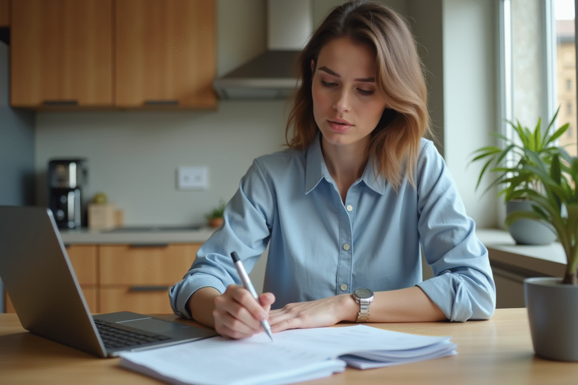 Femme examinant des factures à la maison
