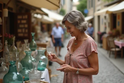 Femme en robe d'été vintage examinant un vase lors d'une brocante en France