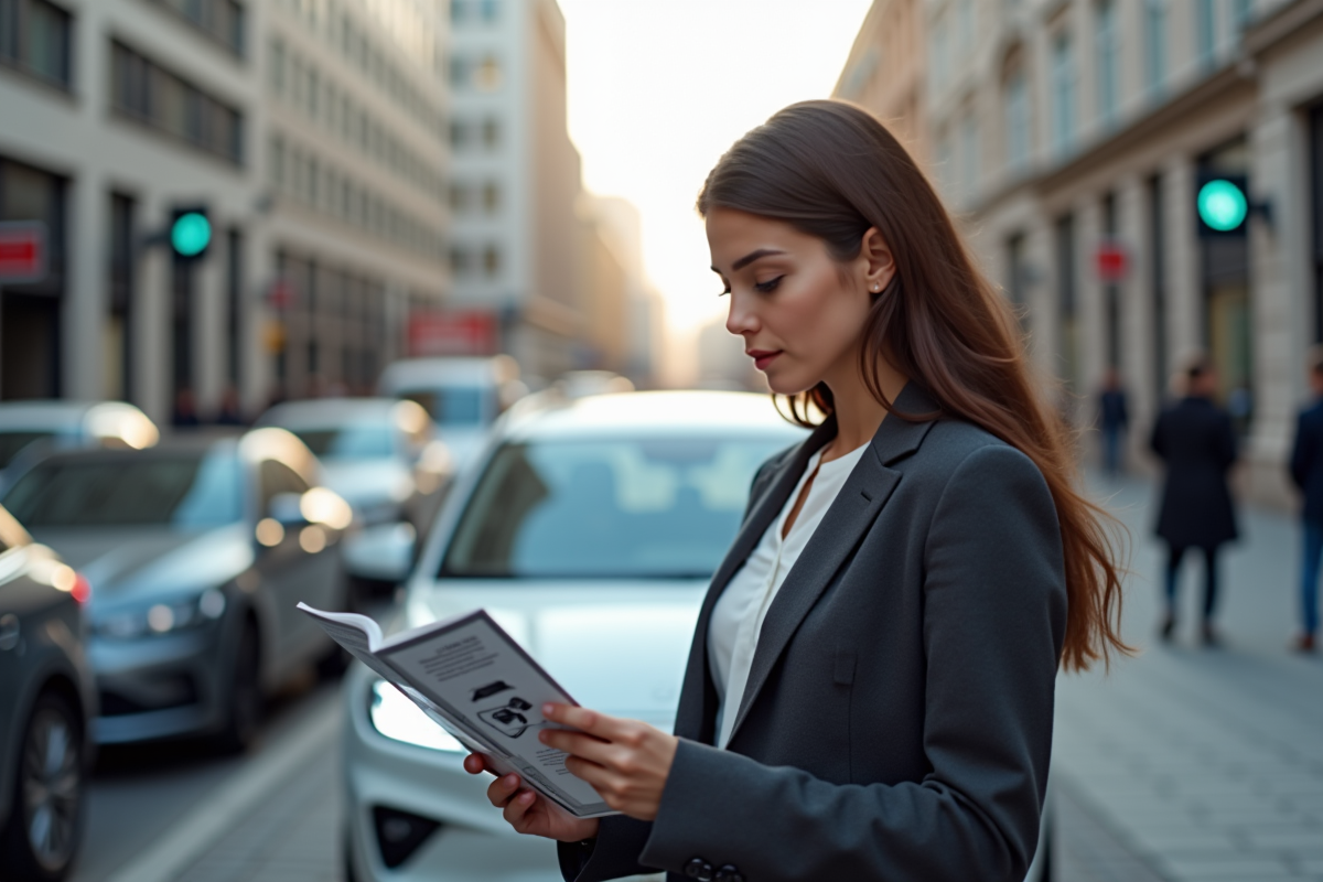 Jeune femme lisant une brochure sur la conduite autonome en ville