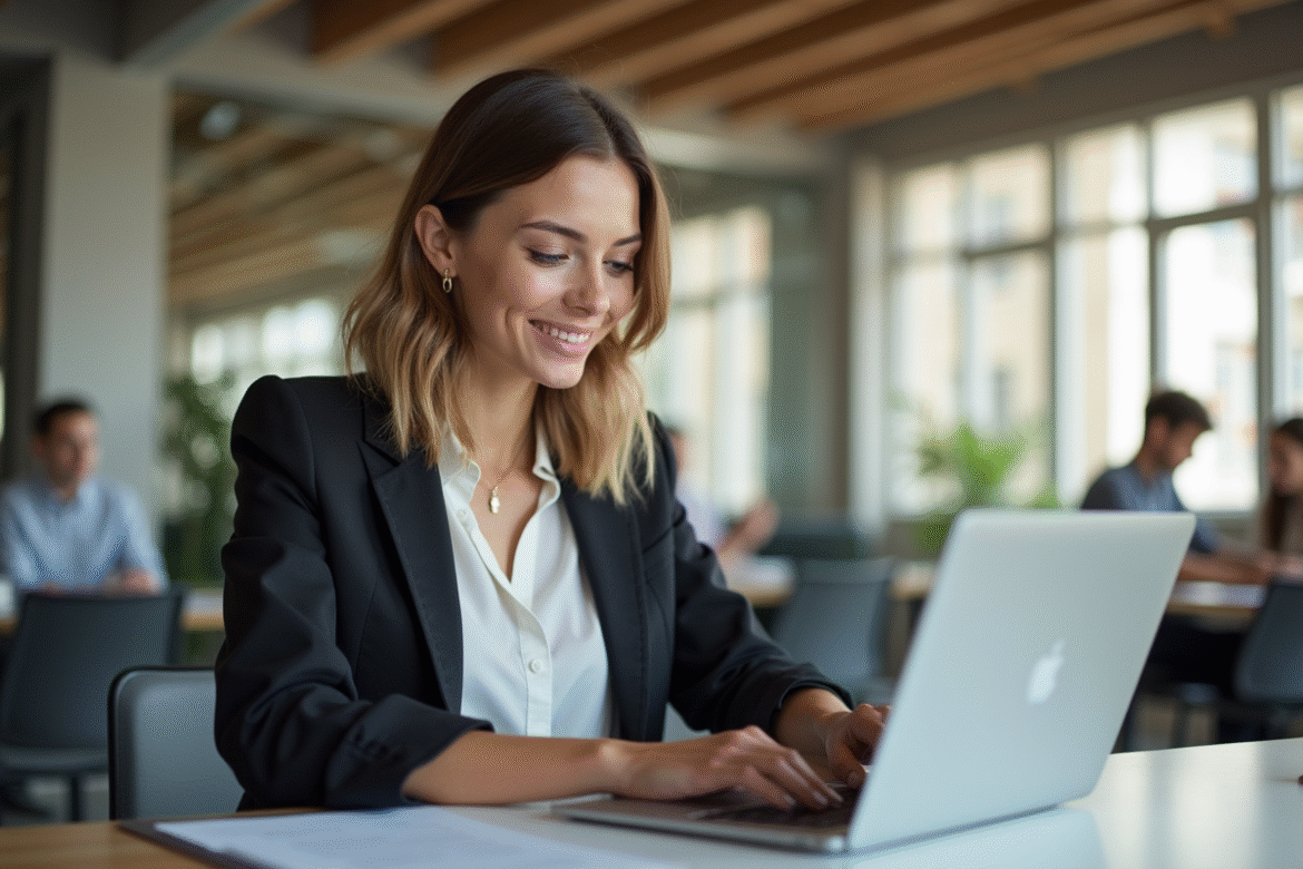 Jeune femme concentrée sur son ordinateur dans un espace coworking
