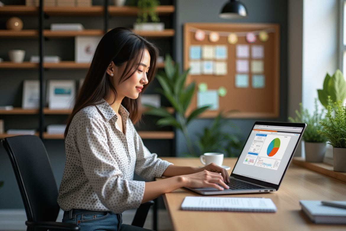 Jeune femme au bureau personnalisant un tableau de bord coloré