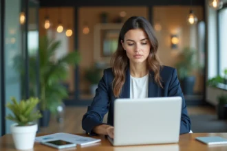 Femme au bureau moderne utilisant une tablette numérique