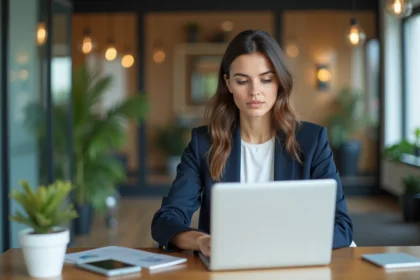 Femme au bureau moderne utilisant une tablette numérique