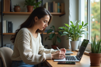 Femme en bureau à domicile travaillant sur son ordinateur