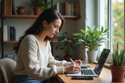 Femme en bureau à domicile travaillant sur son ordinateur
