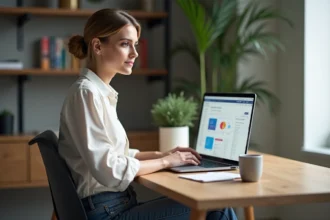 Femme au bureau regardant son ordinateur portable