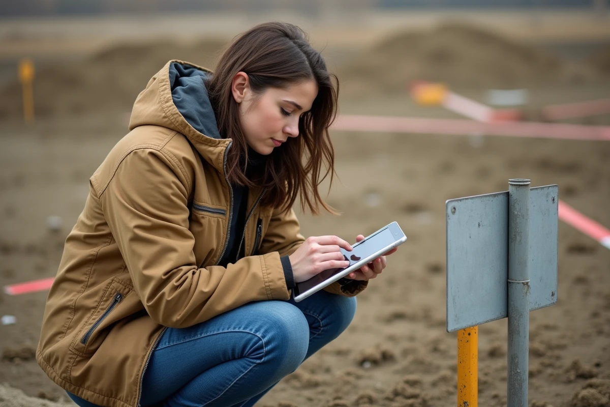 Jeune femme utilisant une tablette pour calculer un terrain