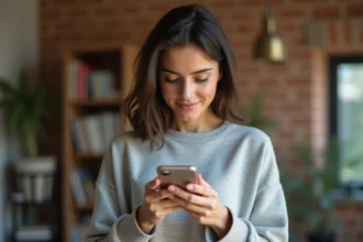 Jeune femme consultant son numéro Lyca Mobile sur son smartphone dans un appartement moderne