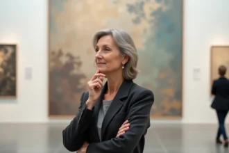 Femme contemplant une peinture abstraite dans un musée d'art contemporain, illustrant le jugement esthétique et la philosophie de l'art