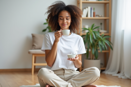 Jeune femme en détente sirotant du thé dans un intérieur minimaliste
