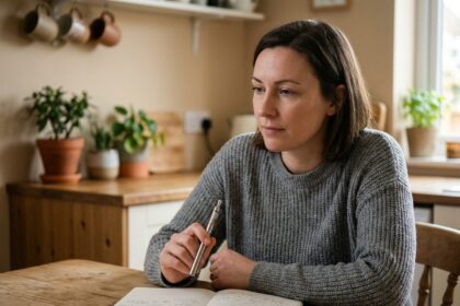 Femme en train de noter son dosage de nicotine dans un carnet à côté de sa cigarette électronique dans une cuisine chaleureuse