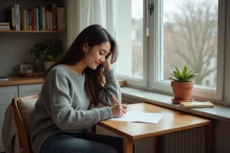 Jeune femme écrivant une lettre dans un appartement moderne