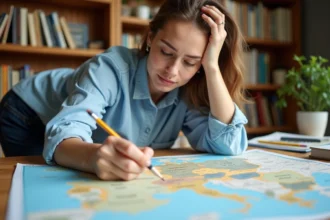 Jeune femme étudiant une carte des Länder allemands sur un bureau en bois avec un crayon