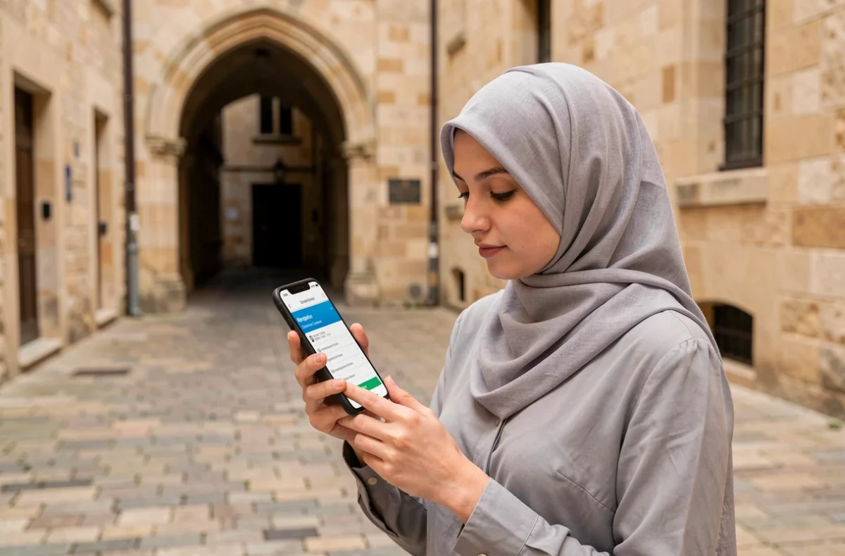 Femme musulmane consultant les horaires de prières sur son téléphone dans le centre historique de Montpellier