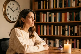 Femme contemplative regardant une horloge affichant 22h22 dans un bureau spirituel chaleureux