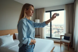 Femme inspectant un détecteur de fumée dans une chambre d'hôtel