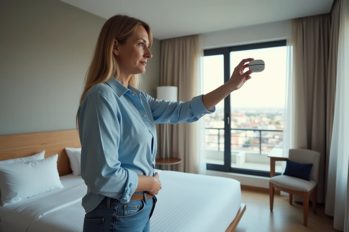 Femme inspectant un détecteur de fumée dans une chambre d'hôtel