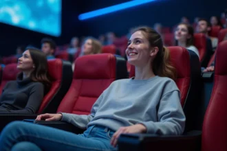 Jeune femme dans un cinéma 4DX réagissant à l'immersion