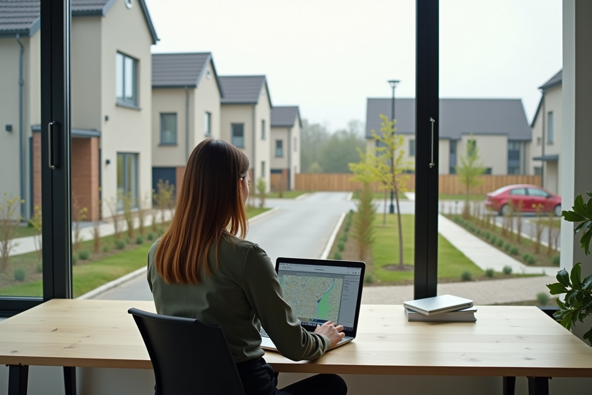 Jeune femme travaillant sur une carte dans un bureau immobilier