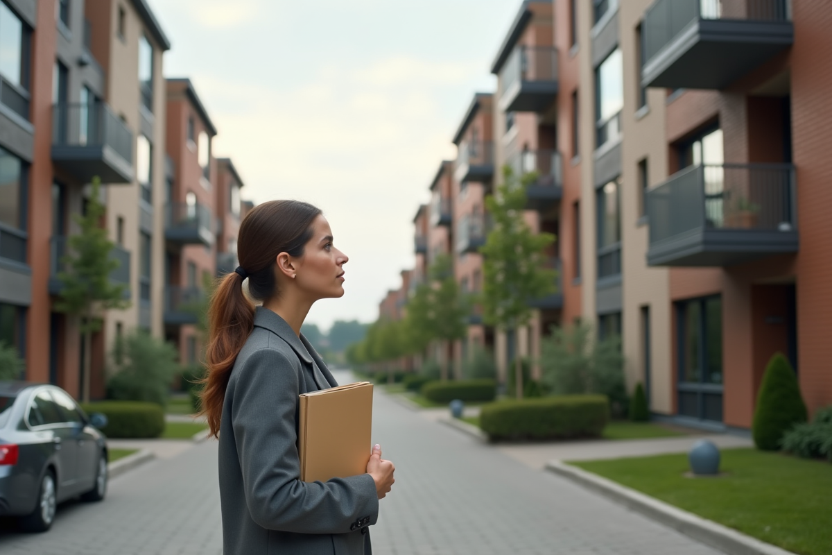 Jeune femme dans la rue observant des immeubles résidentiels