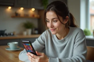 Femme jouant à 4 Images 1 Mot sur smartphone à une table de cuisine en bois