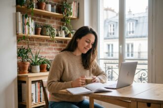 Femme dans une cuisine parisienne moderne vérifiant son emploi du temps