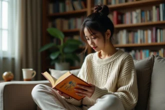 Jeune femme lisant un manga sur un canapé dans un appartement cosy entouré de bibliothèques remplies de mangas