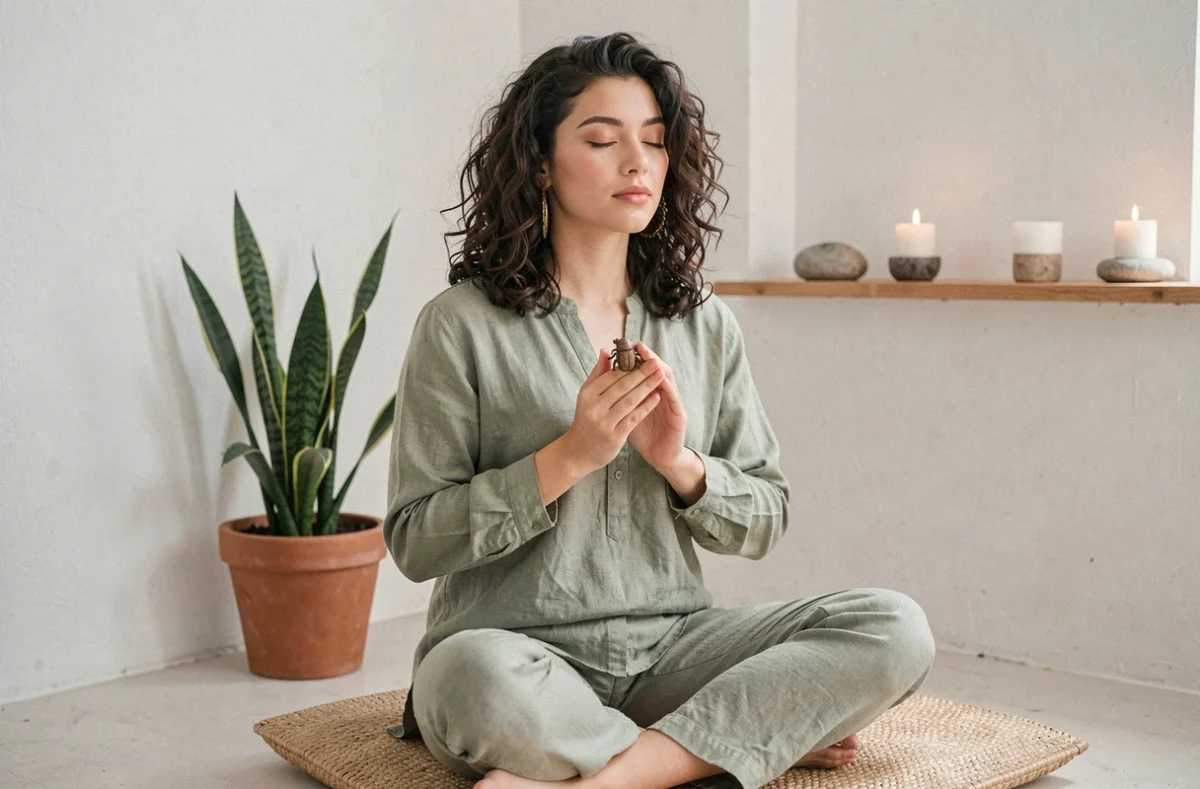 Femme en méditation tenant un amulette scarabée entre ses mains dans un espace de pratique spirituelle minimaliste, illustrant la loi de l'attraction