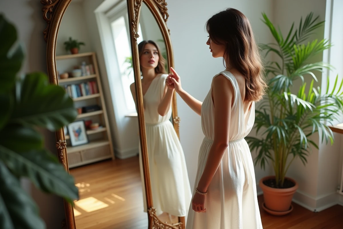 Jeune femme regardant son reflet dans un miroir antique