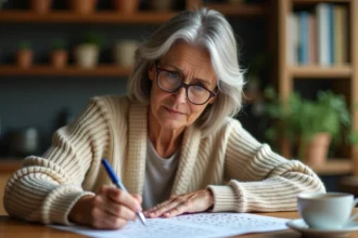 Femme qui remplit une grille de mots fléchés avec un stylo à une table en bois dans une cuisine chaleureuse