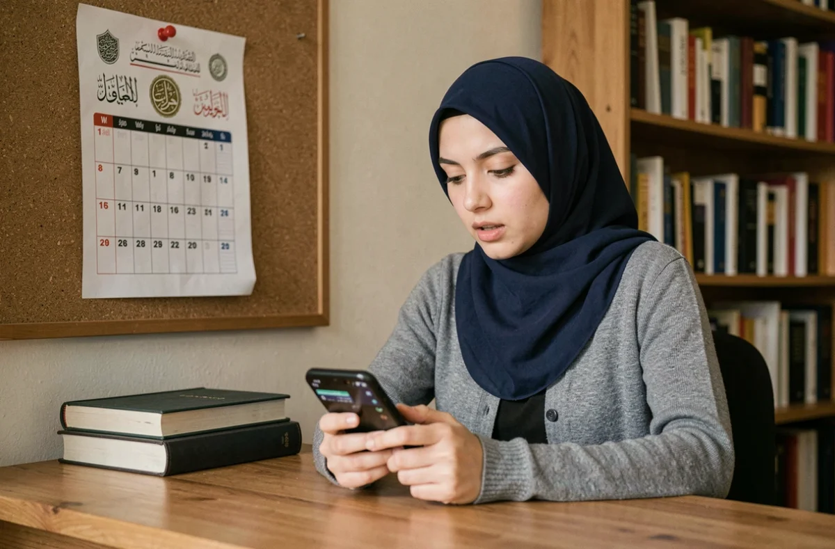 Jeune femme musulmane vérifiant les horaires de prière sur smartphone selon une école juridique islamique