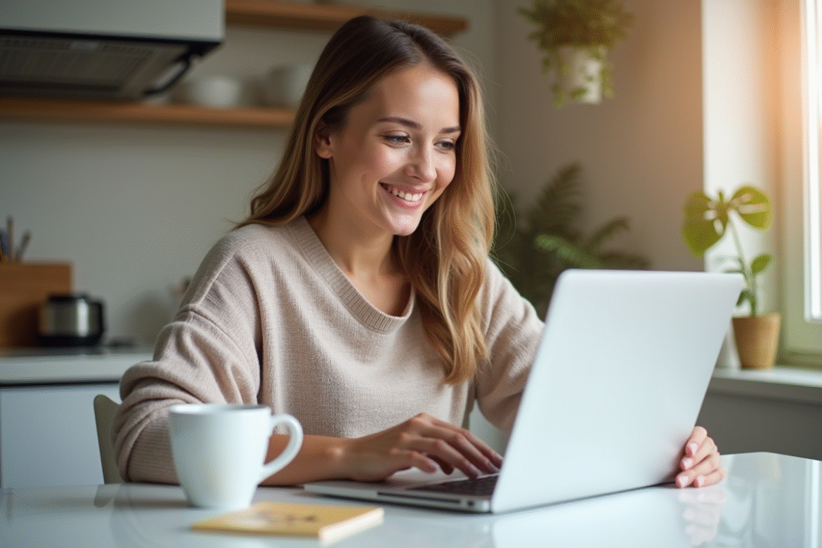 Jeune femme souriante avec ordinateur et cheque vacances
