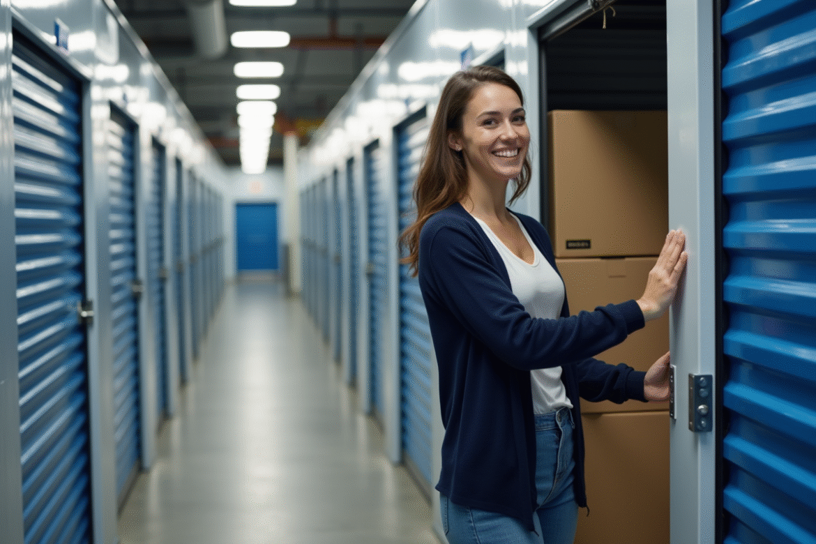 Femme souriante ferme la porte d'un selfstorage organisé