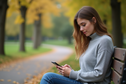 Femme assise sur un banc dans un parc automnal en réflexion