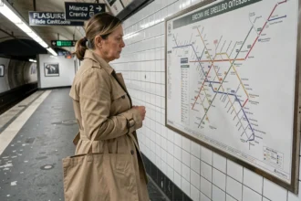 Femme consultant le plan du métro ligne 9 sur le quai d'une station parisienne