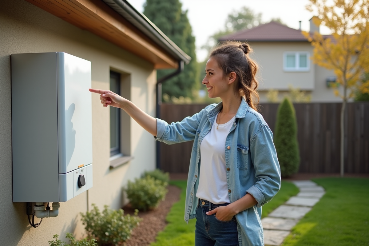 Jeune femme montrant la chaudière à hydrogène dans son jardin