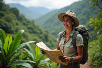 Femme souriante en randonnée dans la jungle costaricaine