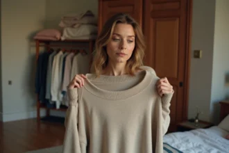 Femme examinant un pull usé dans sa chambre chaleureuse