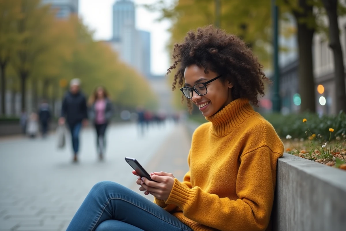 Jeune femme en pull moutarde scrolant Cemantix dans un parc urbain