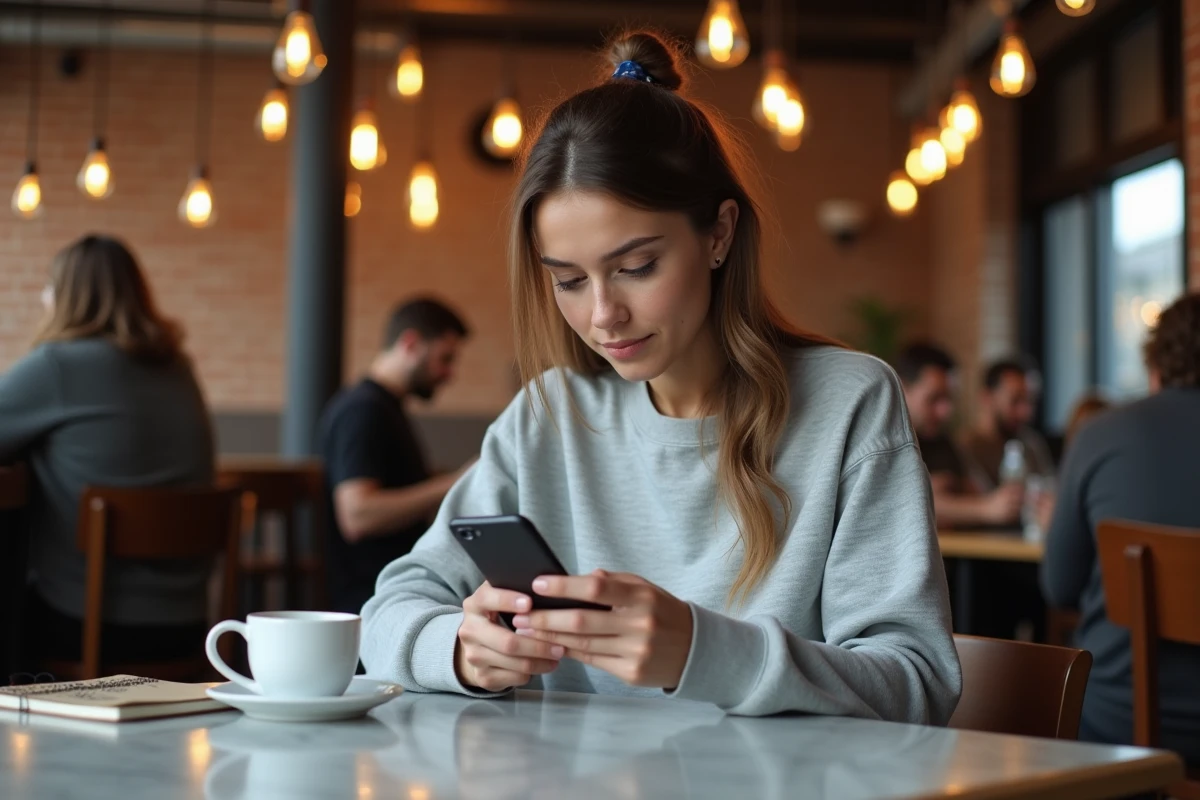 Femme consultant un site de paris en ligne sur son smartphone dans un café urbain