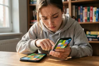 Jeune femme concentrée cherchant la solution d'un niveau du jeu Rooms and Exits sur son smartphone à son bureau