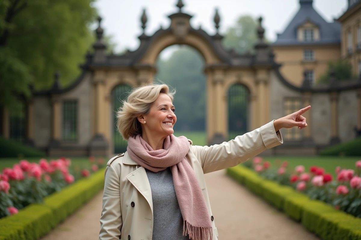 Femme souriante pointant vers les portes du parc de Bagatelle