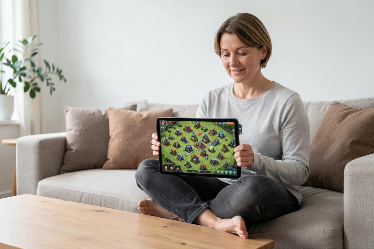 Femme analysant une stratégie de composition de base HDV 12 sur tablette