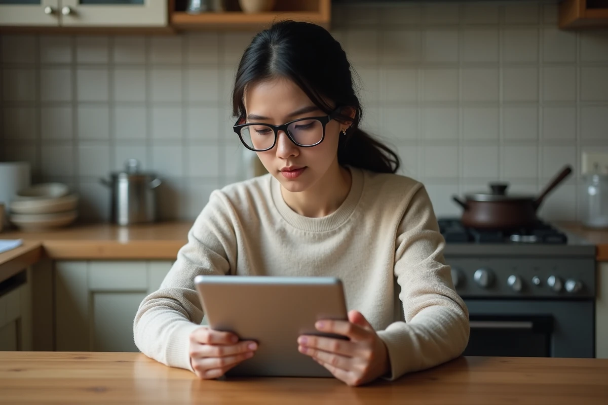 Femme utilisant une tablette dans une cuisine chaleureuse